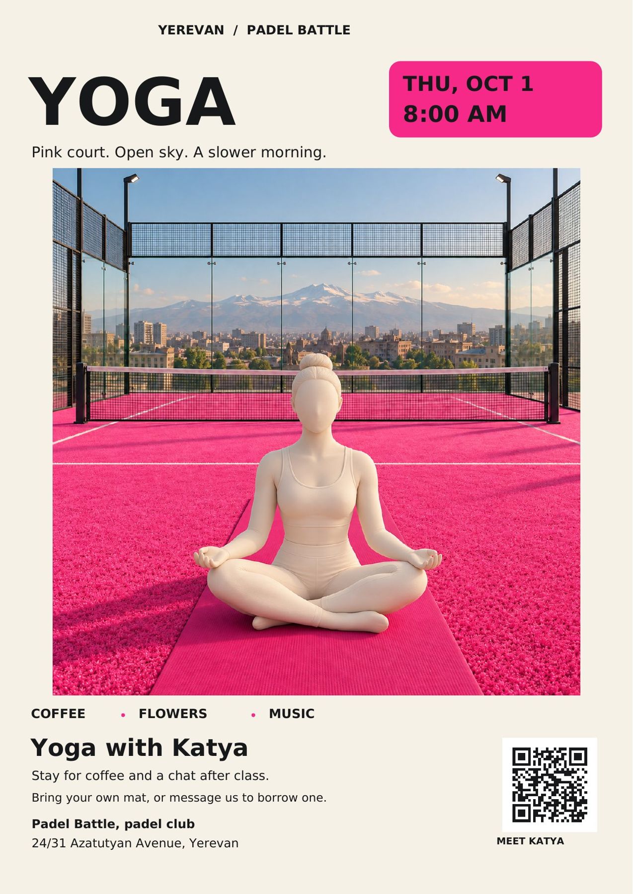 Poster: Yoga with Katya, Thursday 1 October, 8:00, on the pink rooftop court